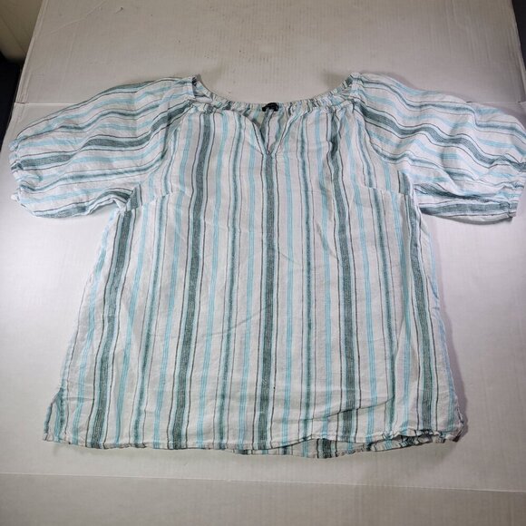Talbots Women White & Blue Striped Casual Linen Short Puff Sleeve Blouse Size M - Picture 1 of 8